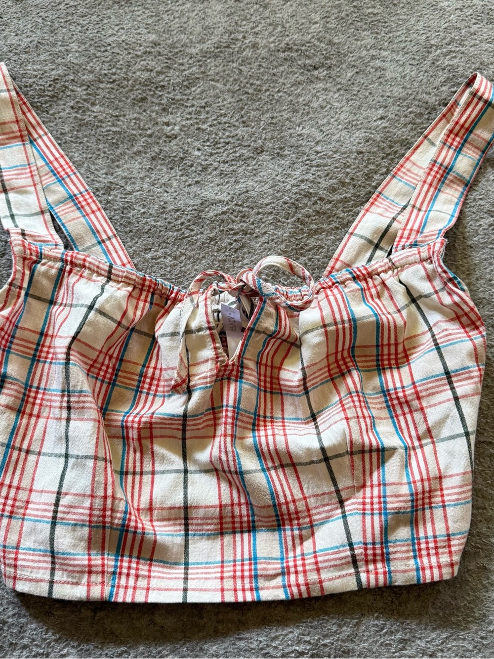 RVCA Cream Plaid Tie-Front Crop Top with Red & Blue Stripes